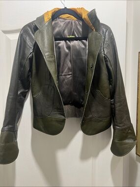 Olive Green Leather Jacket with Gold-Trim Hood